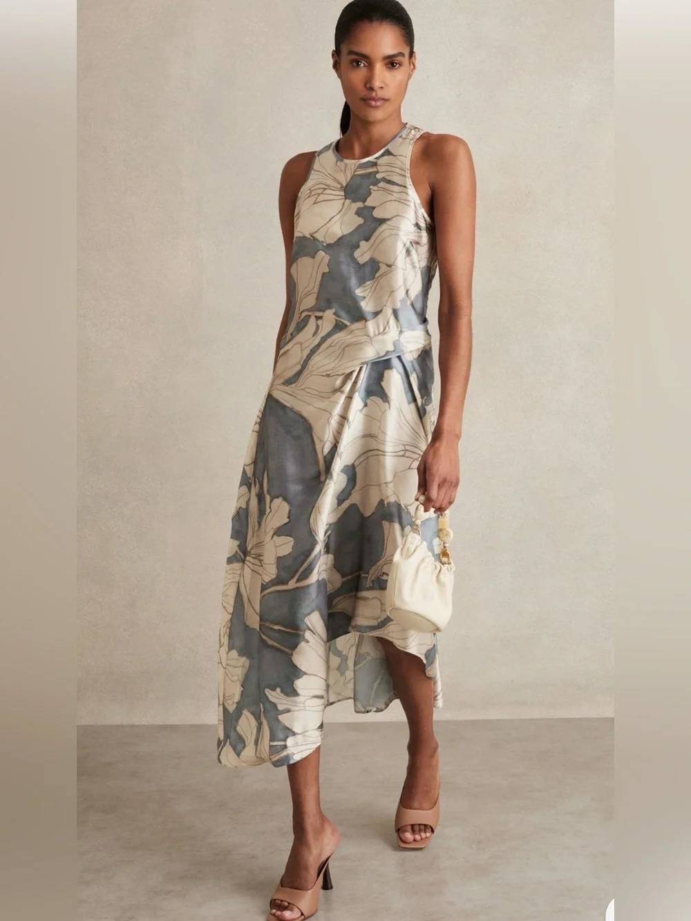 REISS Mieke Satin Floral Drape Midi Dress in Blue Size US 2 NEW with tag